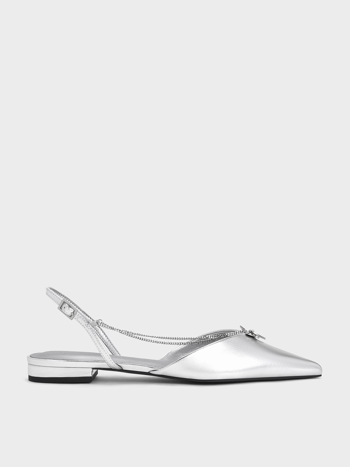 Charles & Keith Metallic Flower-accent Chain-link Slingback Flats In Silver