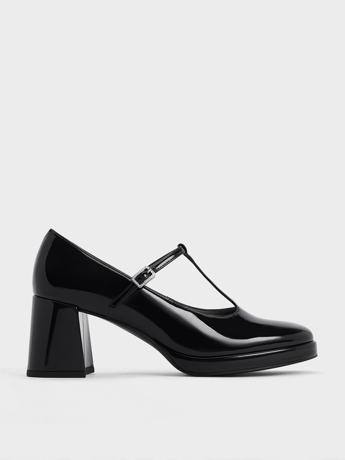 Black Boxed Crystal-Buckle T-Bar Mary Jane Pumps - CHARLES & KEITH SG