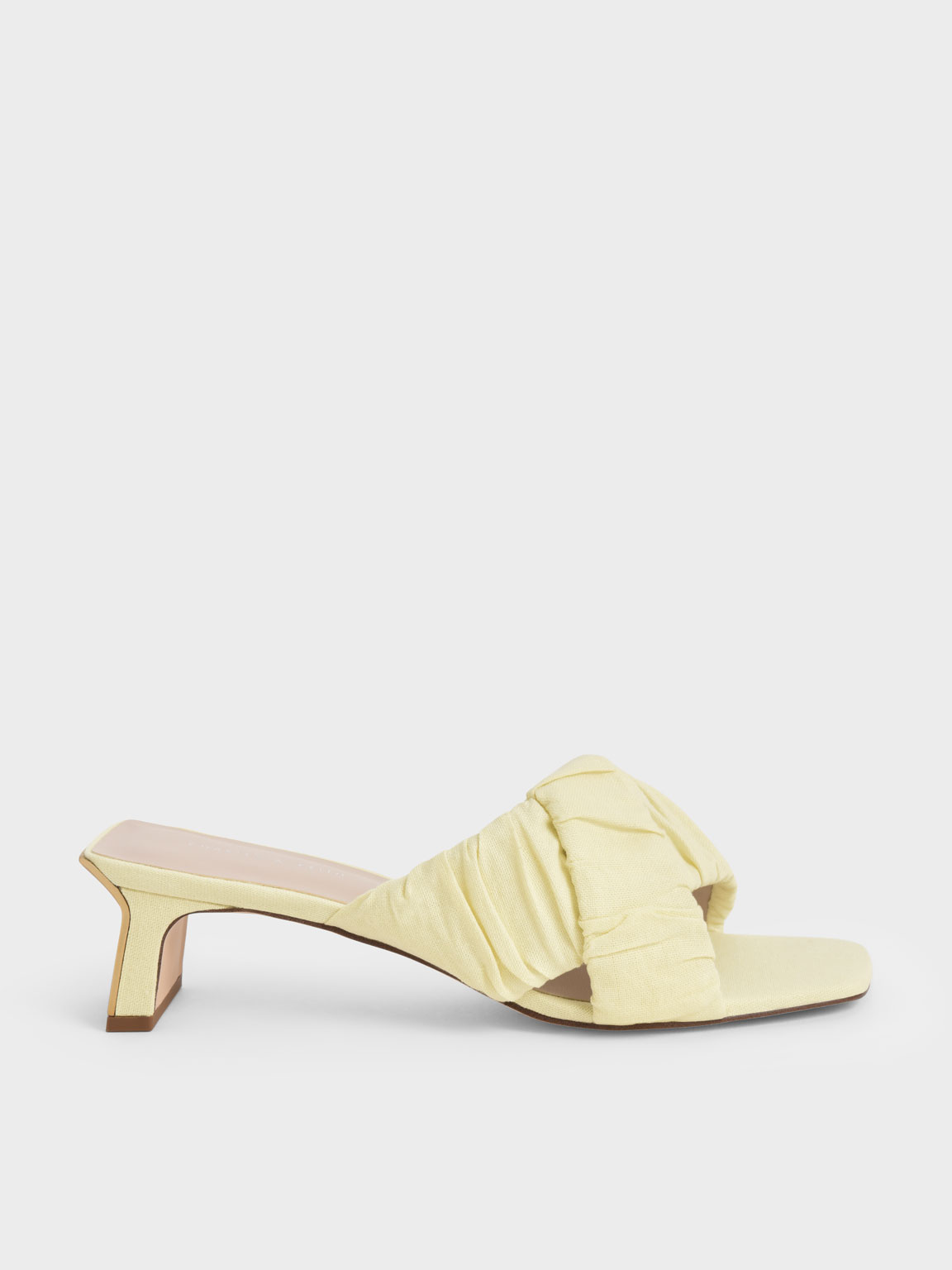 Yellow Linen Asymmetric Ruched Mules | CHARLES & KEITH