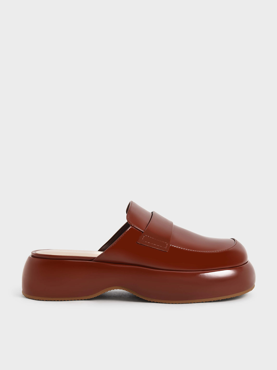 Cognac Rory Patent Platform Penny Loafer Mules - CHARLES & KEITH KW