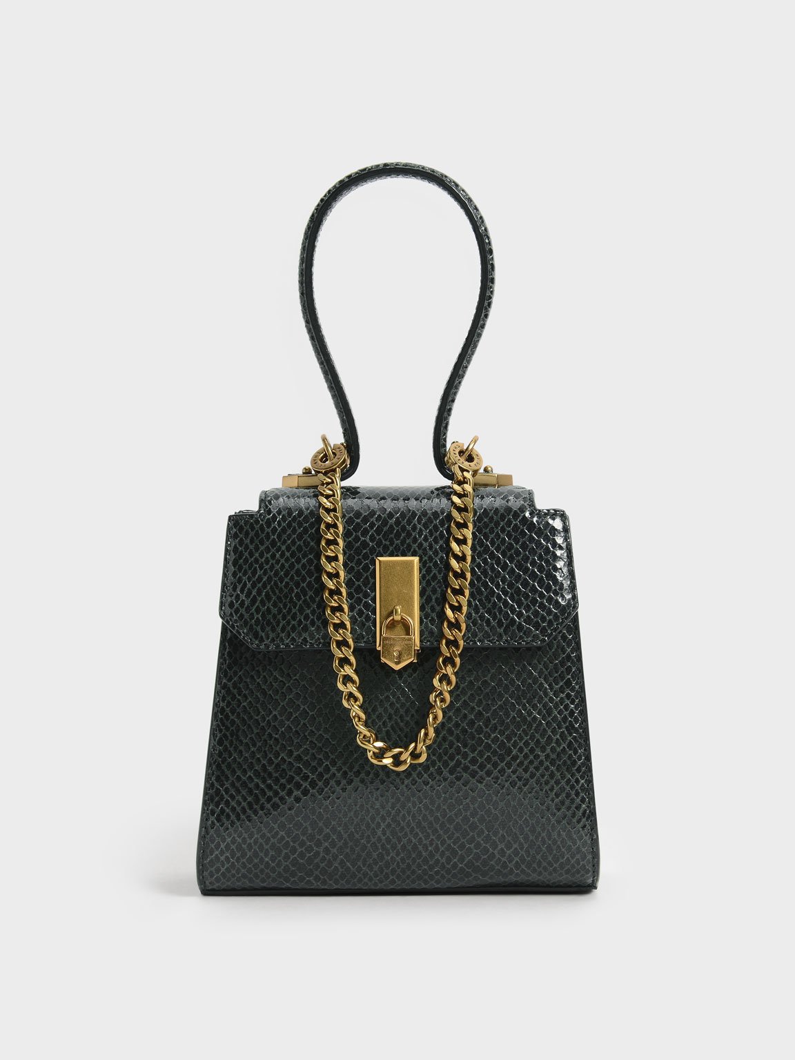 Dark Green Locket Snake-Print Chain-Link Trapeze Bag - CHARLES & KEITH IN