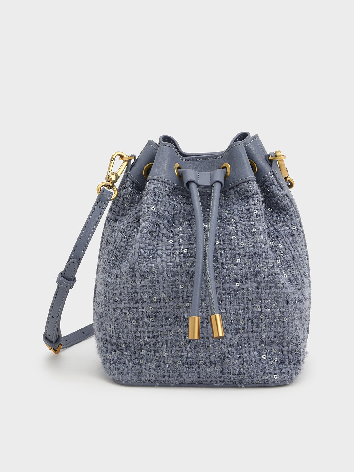 Denim Blue Woven Handle Tweed Bucket Bag - CHARLES & KEITH KR