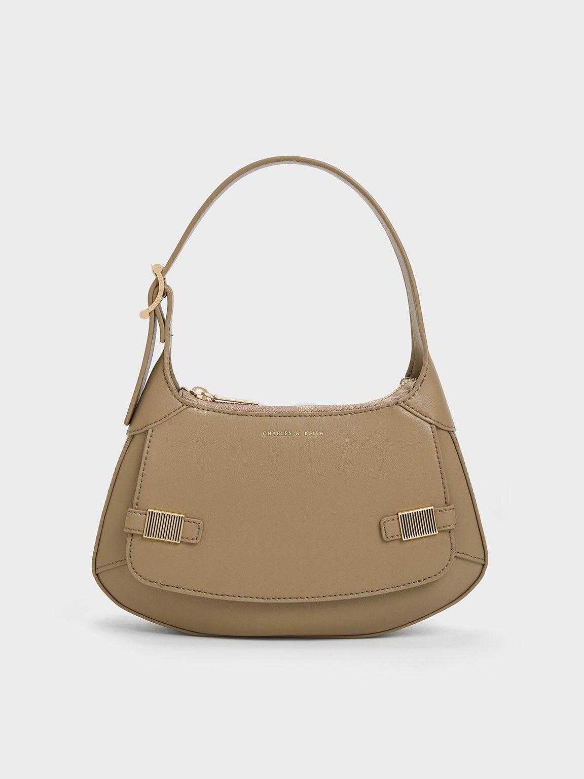 Charles & Keith - Women's Metallic-Accent Curved Shoulder Bag, Taupe, M