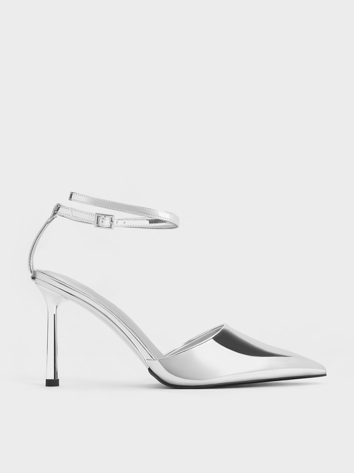 Silver Metallic Patent Pointed-Toe Ankle-Strap Pumps | CHARLES & KEITH
