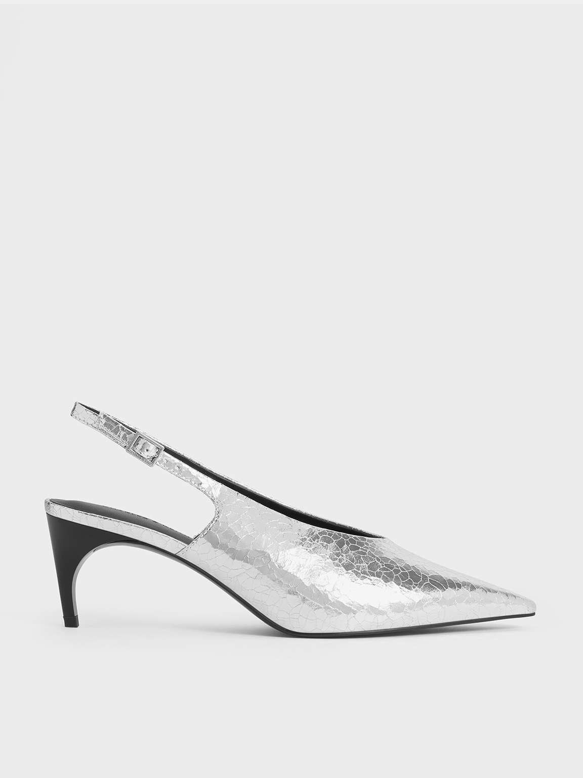 Silver Metallic Crinkle Effect Pointed Toe High Vamp Slingback Pumps CHARLES KEITH CA