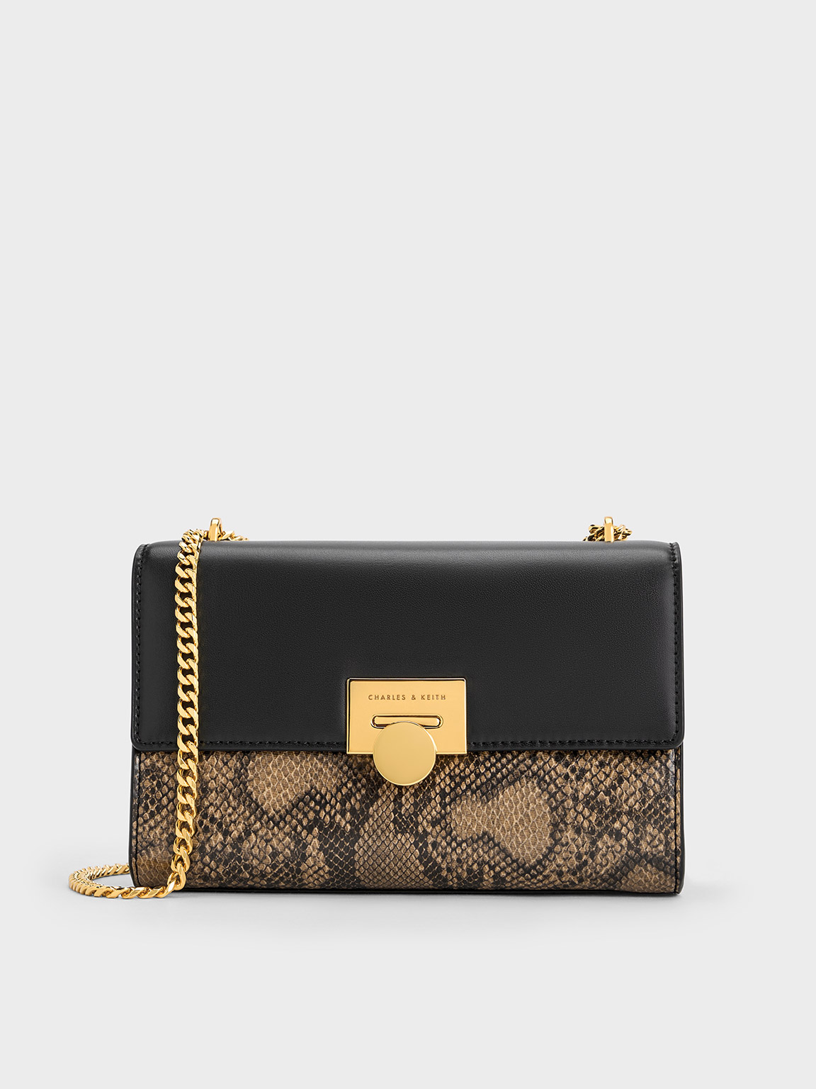 Beige Snake Print Chain-Strap Bag - CHARLES & KEITH International