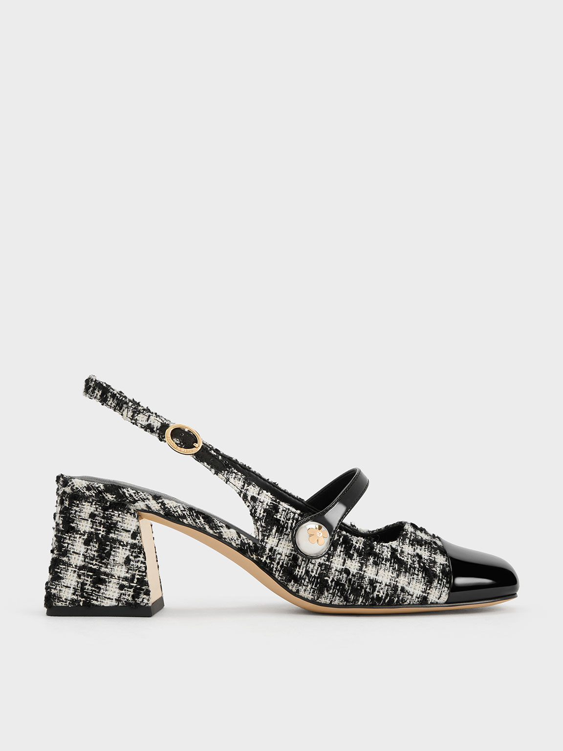 Black Textured Tweed Pearl Embellished Trapeze-Heel Slingback Pumps -  CHARLES & KEITH US