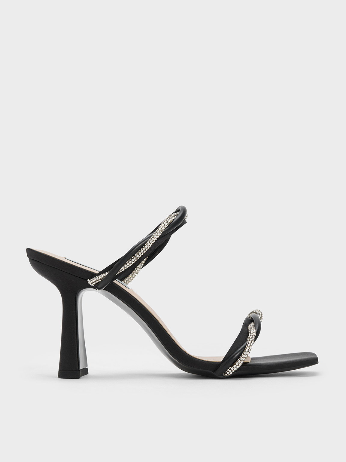 Charles & Keith Embellished Twisted Strap Satin Sandals In Black