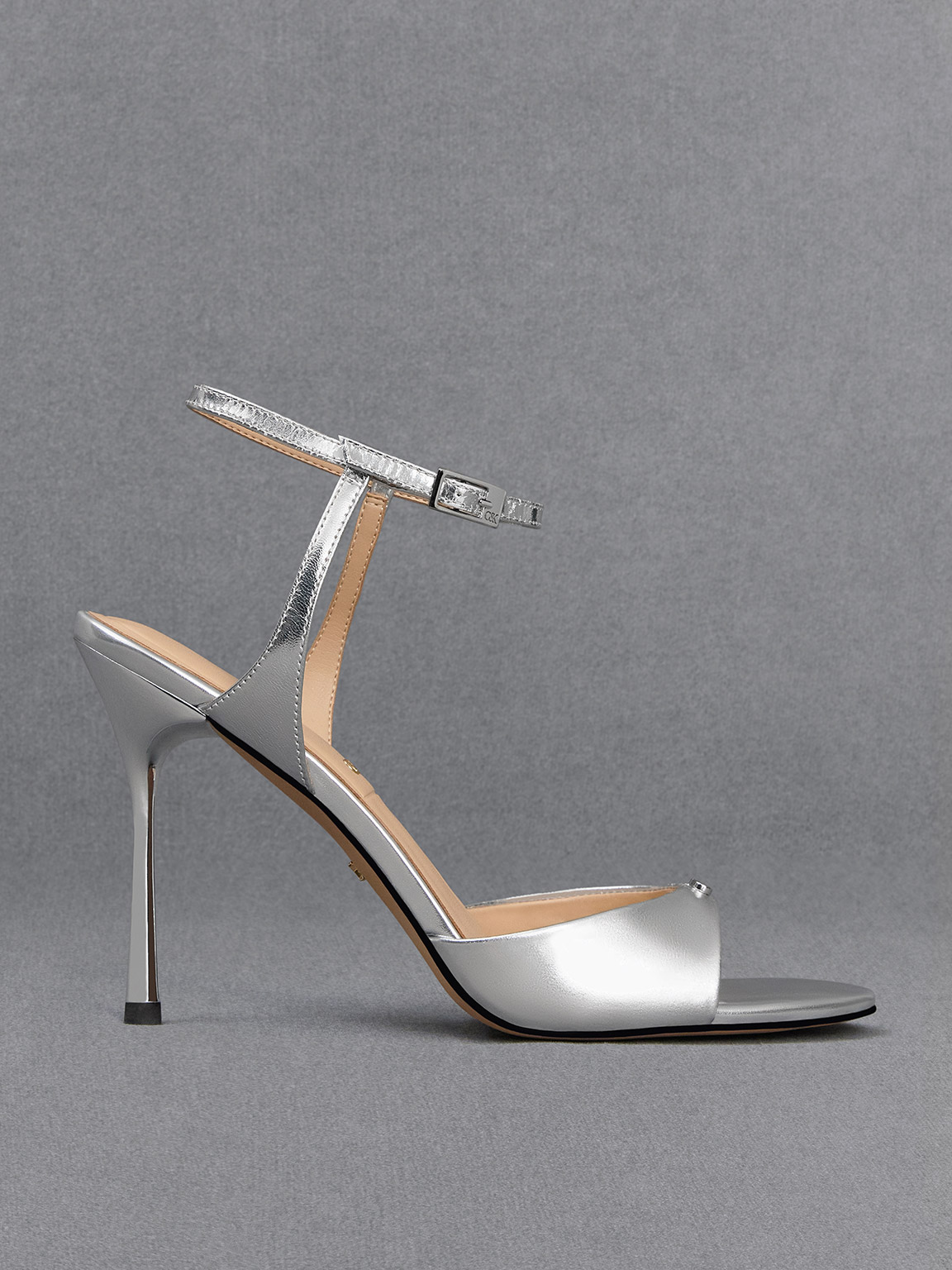 Charles & Keith Metalic Leather Ankle-strap Pumps In Silver