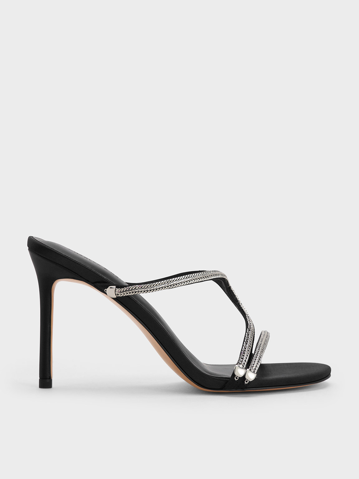 Black Textured Satin Braided Strappy Heeled Mules - CHARLES & KEITH SG