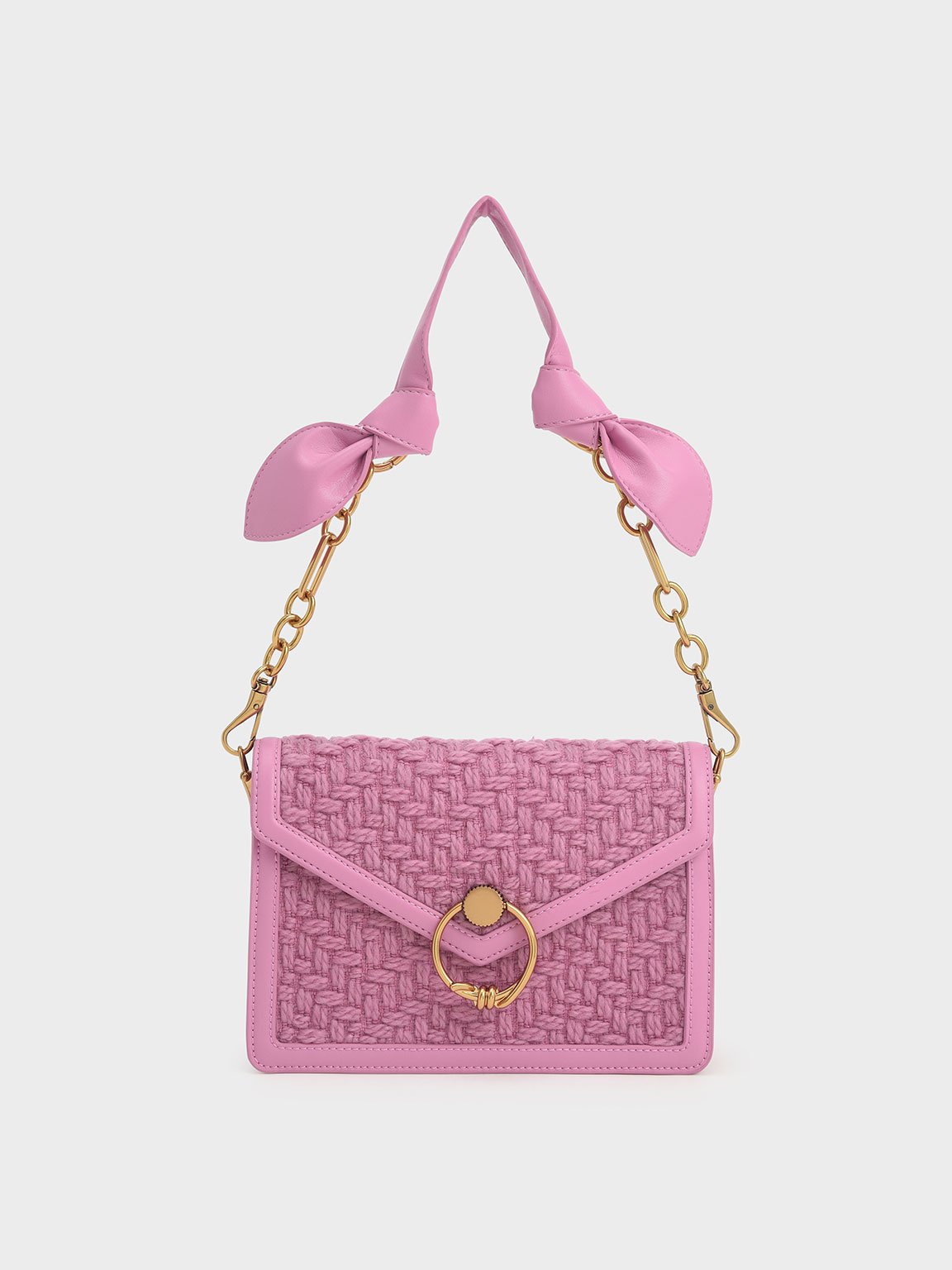 Pink Joelle Ring Push-Lock Tweed Envelope Shoulder Bag - CHARLES & KEITH TW