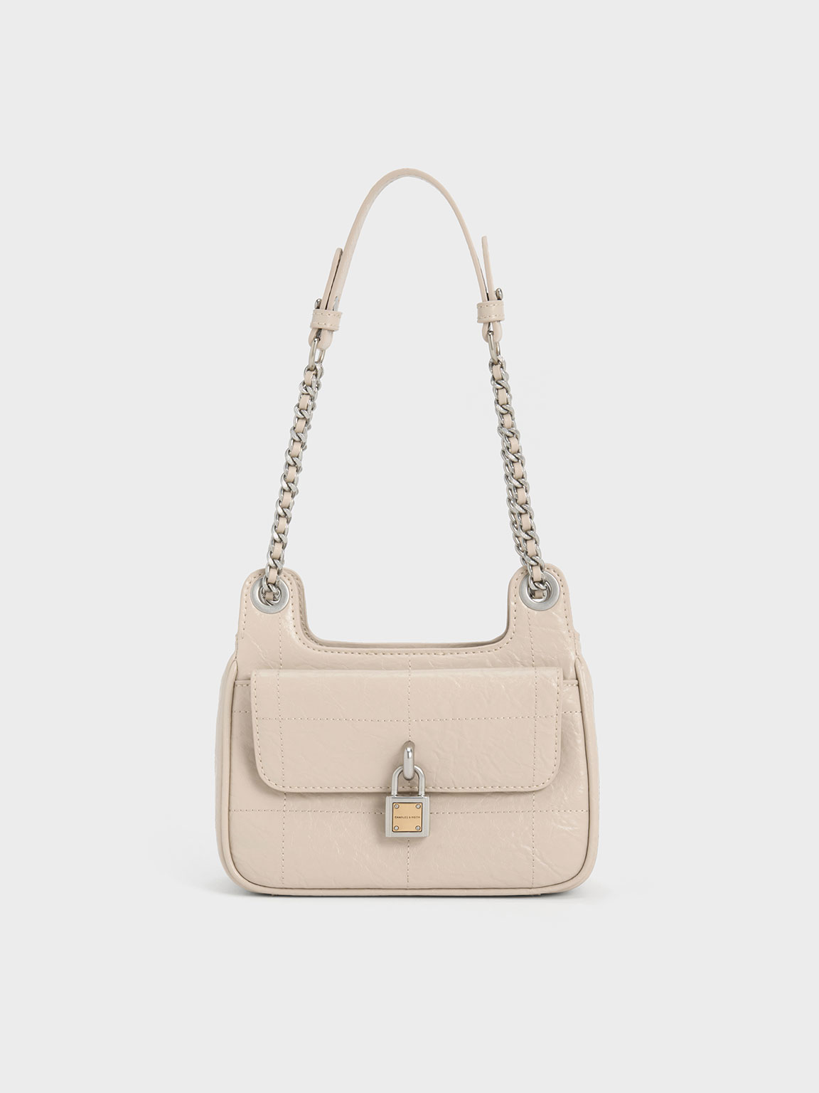 Oat Suki Crinkle-Effect Padlock Shoulder Bag | CHARLES & KEITH