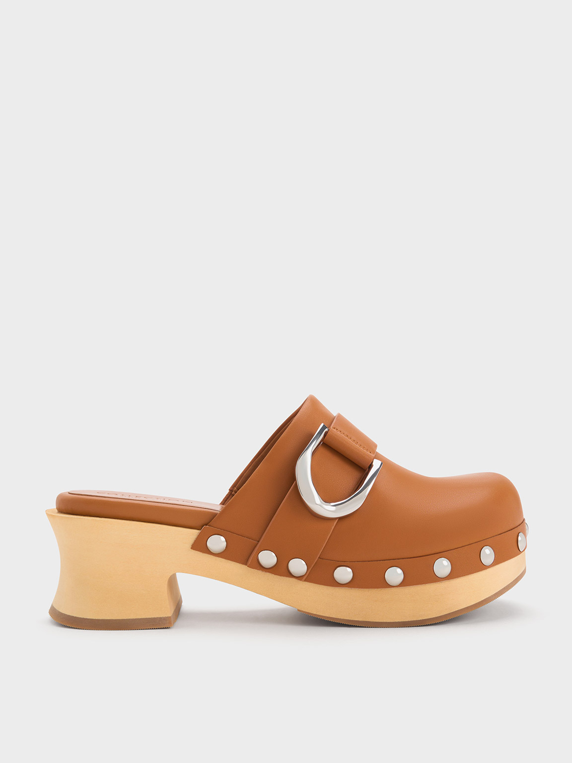 Brown Gabine Studded Leather Clogs - CHARLES & KEITH US