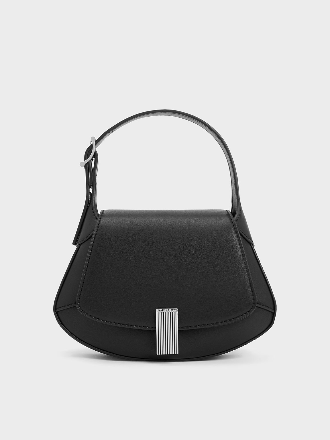 Black Metallic-Accent Curved Top Handle Bag | CHARLES & KEITH