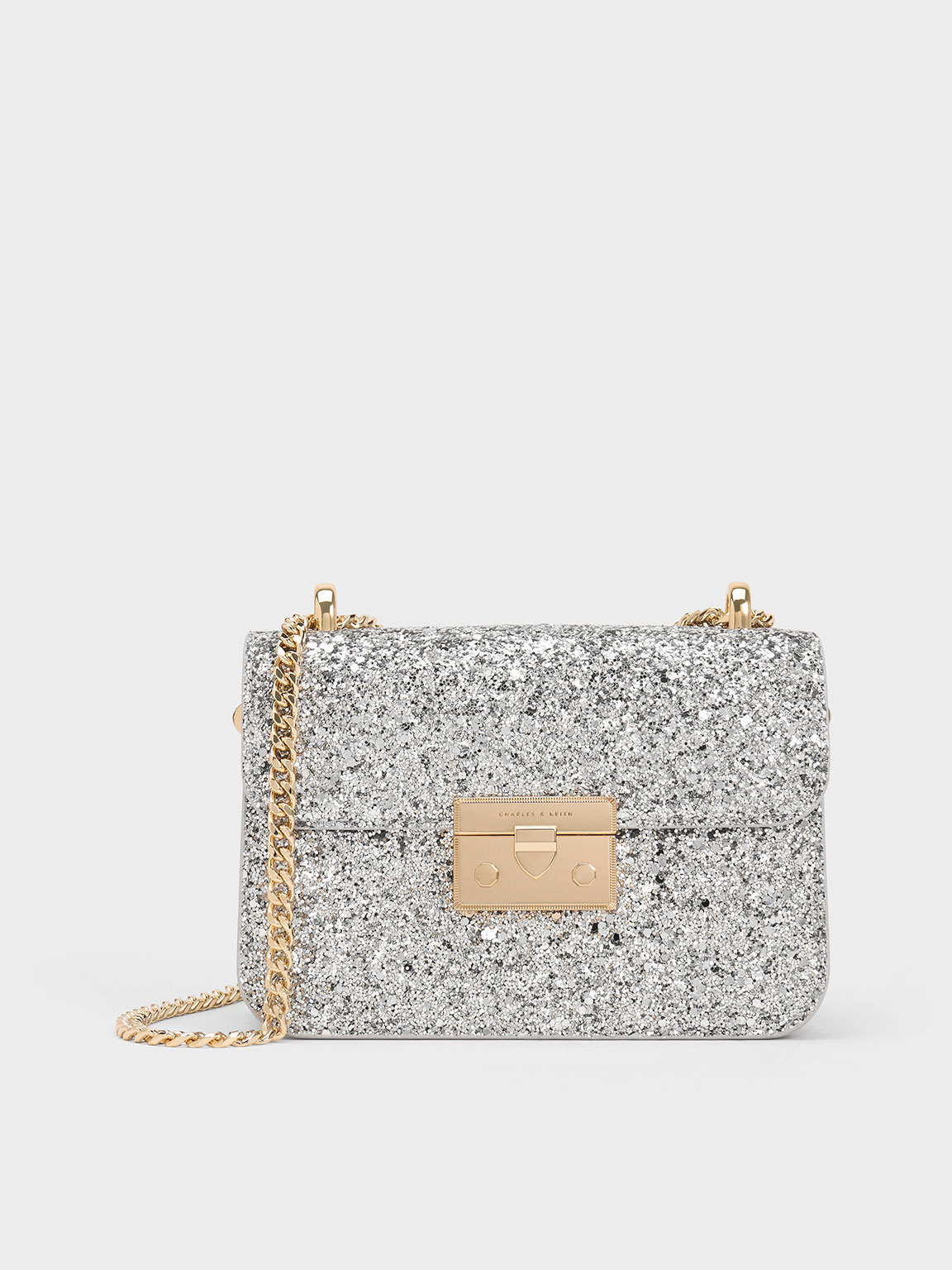 Silver Glittered Push Lock Chain Handle Bag CHARLES KEITH