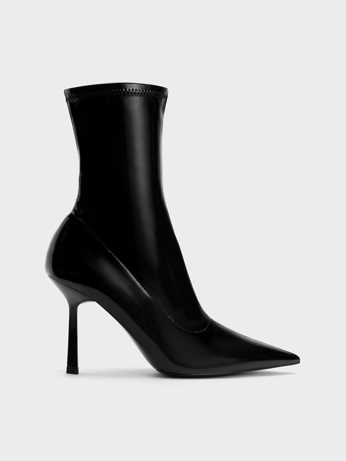Charles & Keith Patent Crinkle-effect Pointed-toe Stiletto Heel Ankle Boots In Black Patent