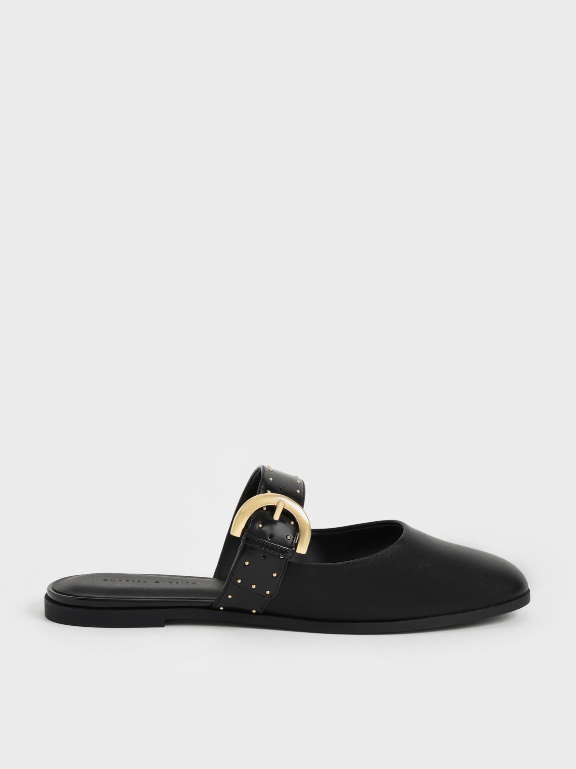 Black Studded Buckled Flat Mules | CHARLES & KEITH