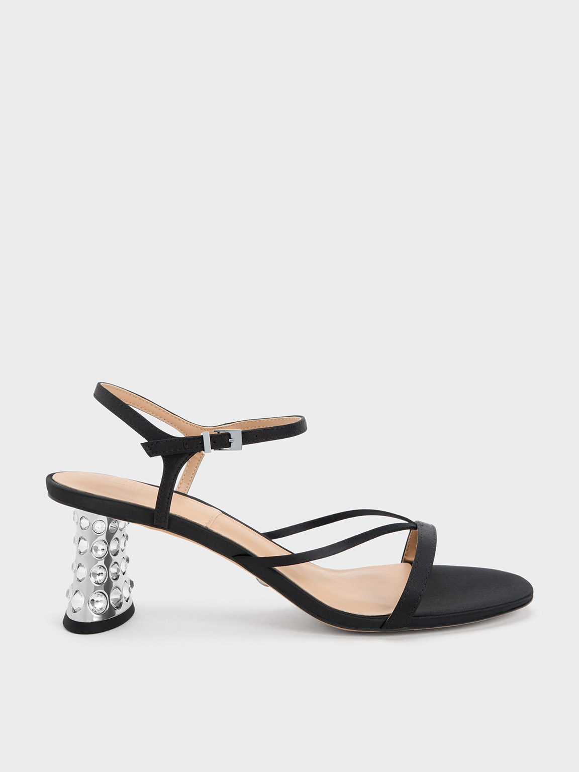 Black Embellished Heel Recycled Polyester Sandals - CHARLES & KEITH SG