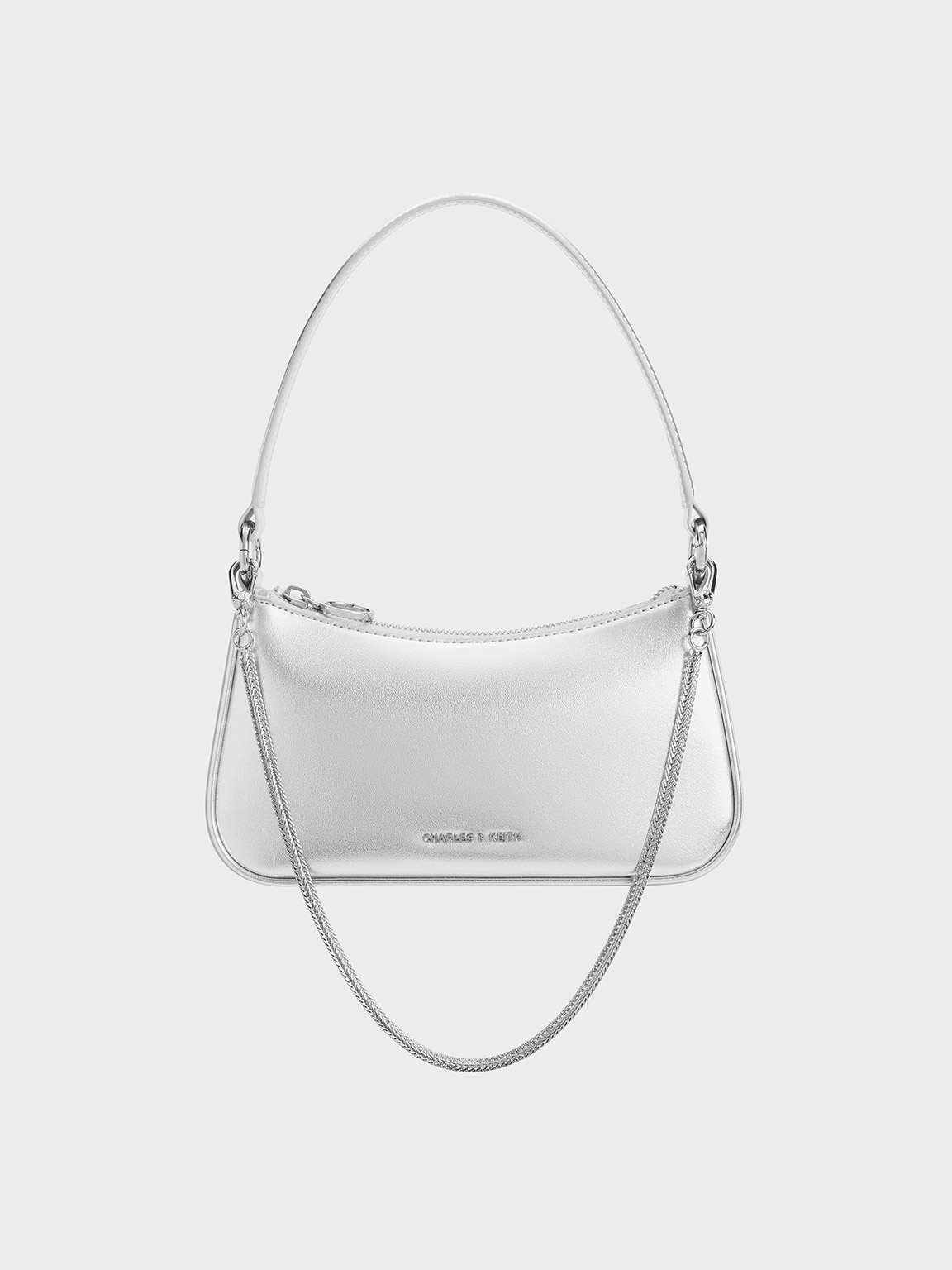 Silver Metallic Curved Shoulder Bag - CHARLES & KEITH US