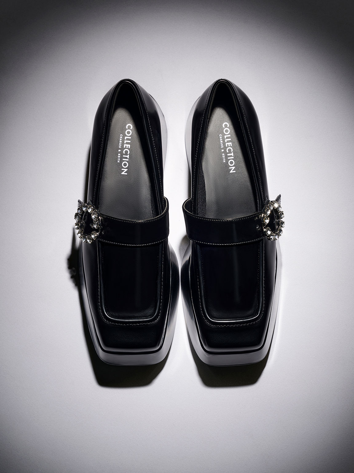 Black Gem-Embellished Chunky Platform Loafers | CHARLES & KEITH