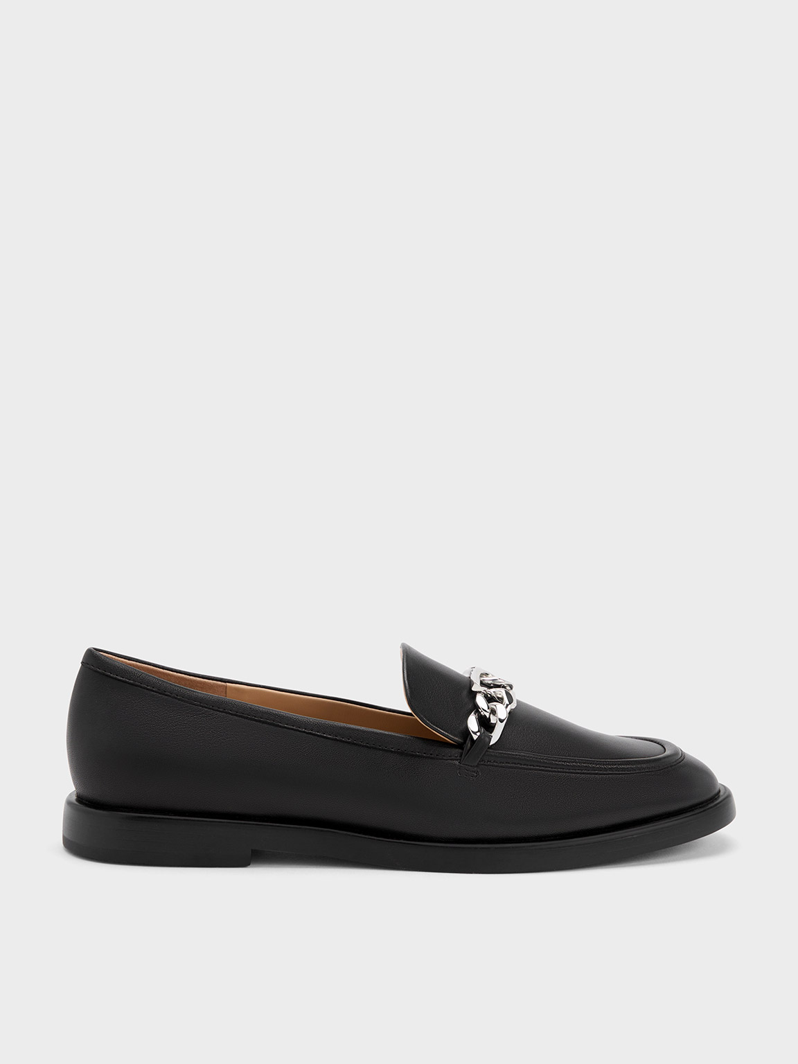 Black Gabine Chain-Link Leather Loafers | CHARLES & KEITH