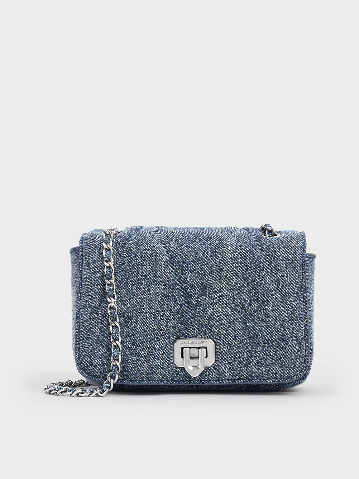 Charles & Keith Arwen Denim Quilted Shoulder Bag In Blue