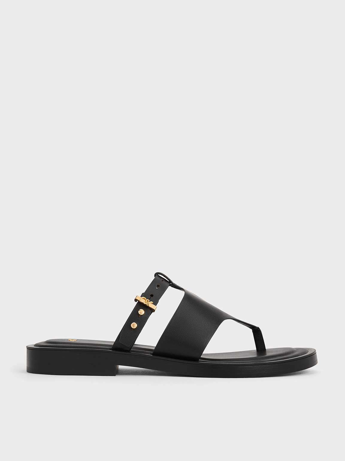 Black Leather Asymmetric Thong Sandals - CHARLES & KEITH SG