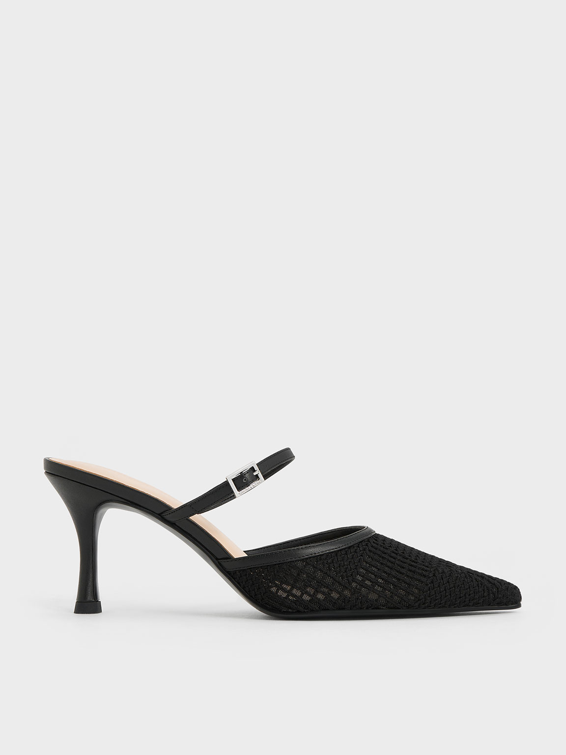 Black Textured Mesh Woven Heeled Mules | CHARLES & KEITH