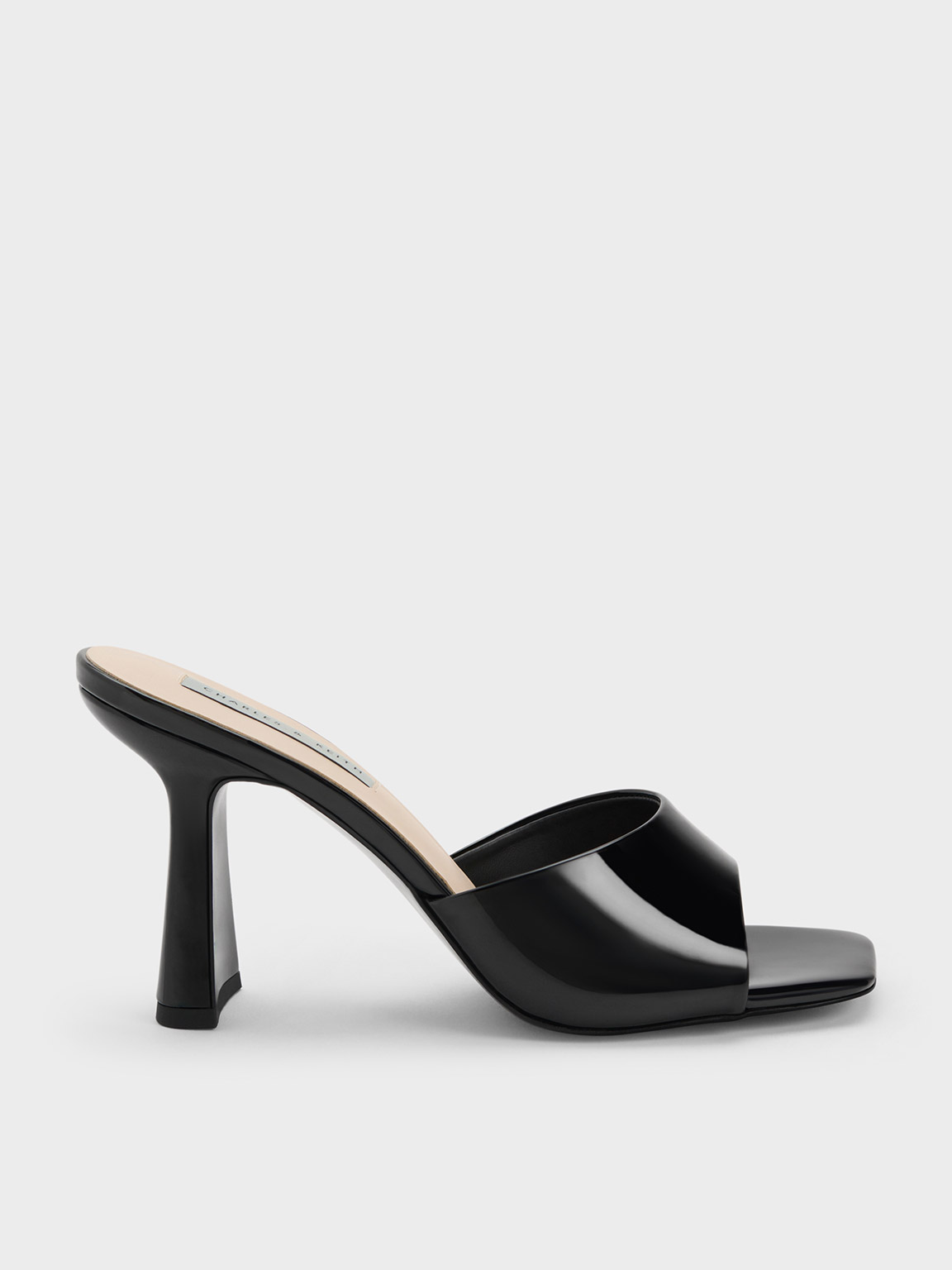 Black Patent Patent Square Toe Heeled Mules | CHARLES & KEITH