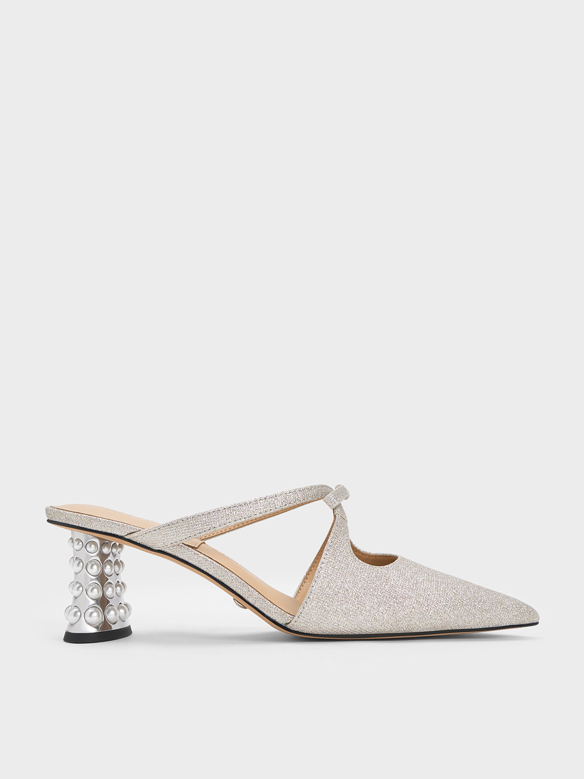 Silver Jacinda Beaded Heel Glittered Bow Mules | CHARLES & KEITH