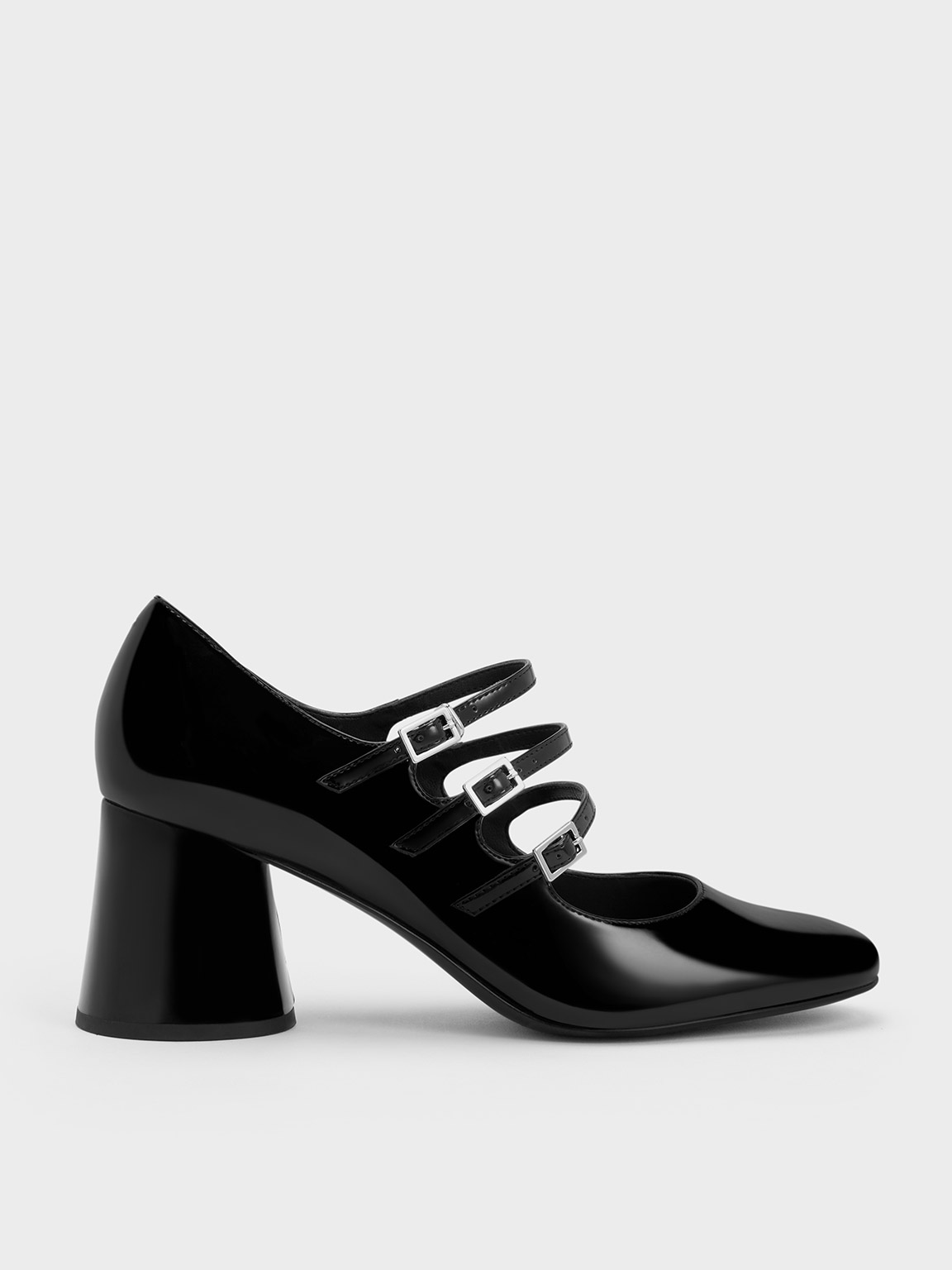 Charles & Keith Buckled Cylindrical Heel Mary Janes In Black
