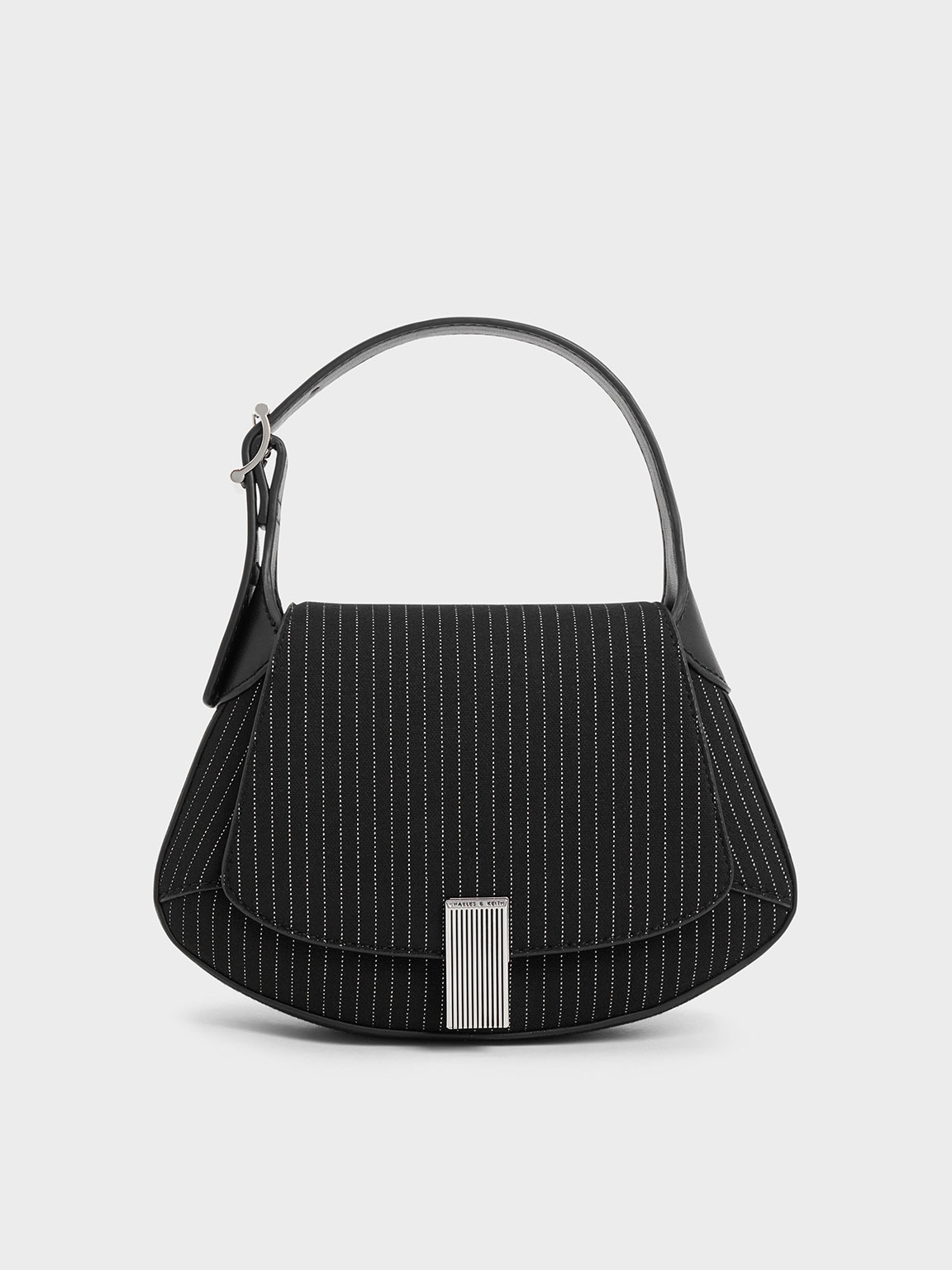 Dark Grey Striped Metallic-Accent Curved Top Handle Bag | CHARLES & KEITH