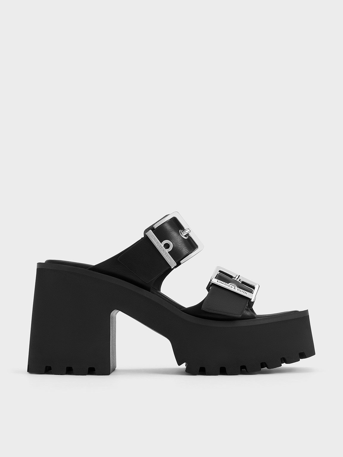 Charles & Keith Trill Grommet Double-strap Platform Mules In Black