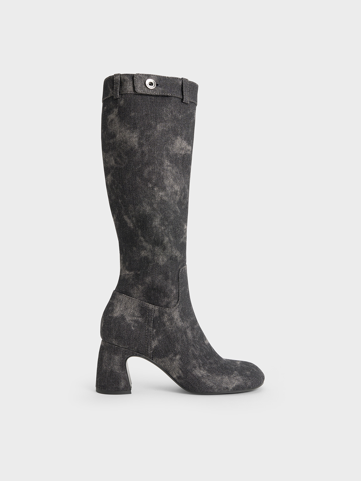 Charles & Keith - Denim Block-heel Knee-high Biker Boots In Dark Grey